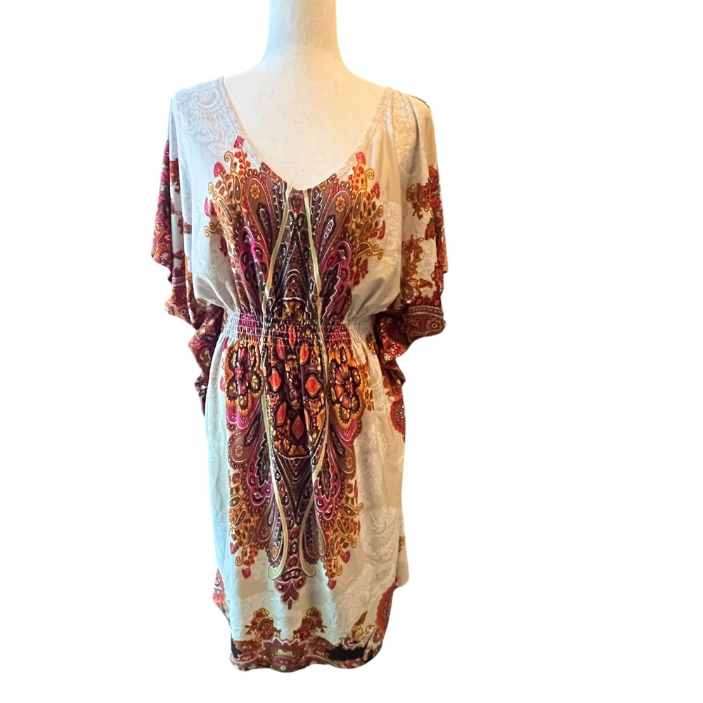 Dressbarn Kaftan Dress Womens 8‎ Tan Orange Paisley Smocked Waist Boho Summer